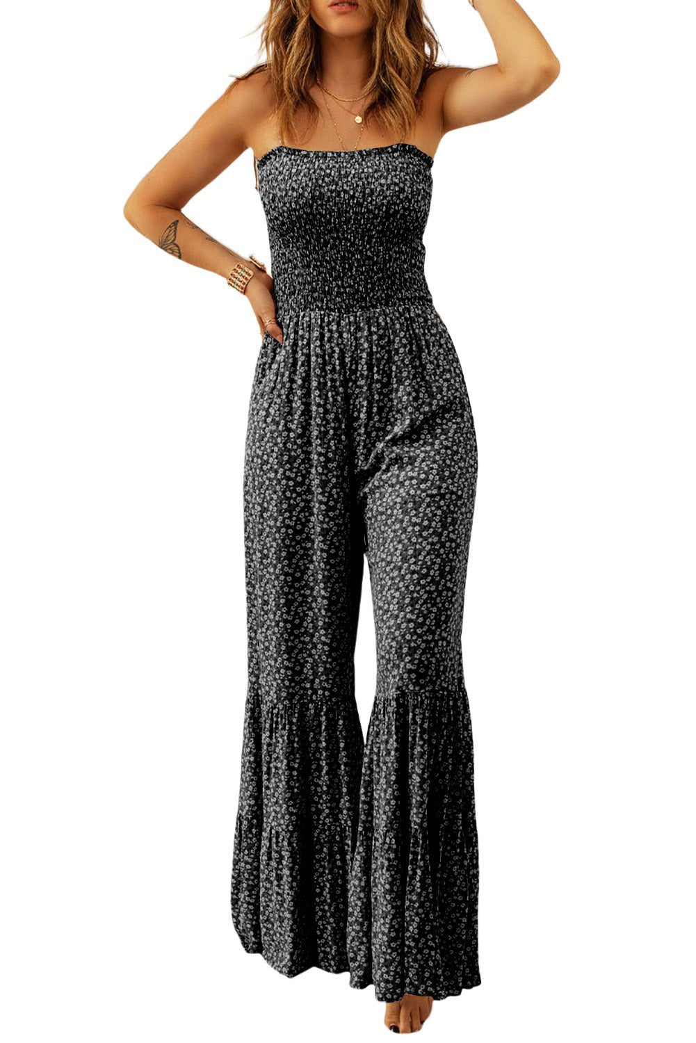 Women's Sexy Jumpsuit Black Thin Straps Smocked Bodice Wide Leg Floral Jumpsuit - Razels