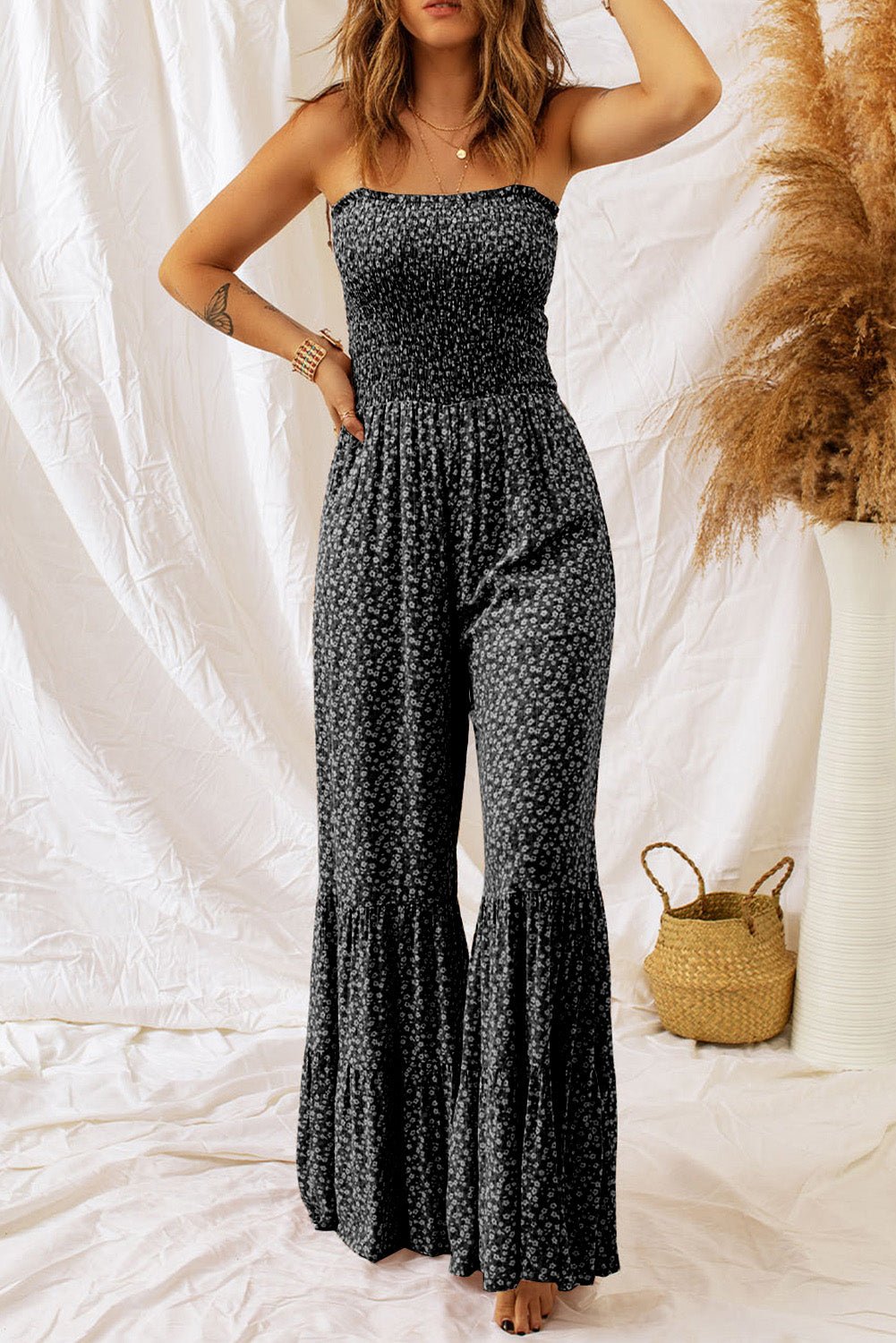 Women's Sexy Jumpsuit Black Thin Straps Smocked Bodice Wide Leg Floral Jumpsuit - Razels