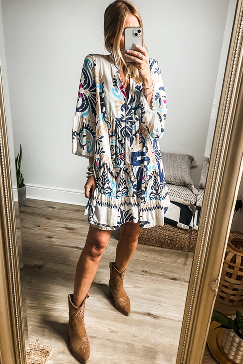 Women's Tribal Dress Cute Fall Dress Blue Paisley Buttoned Mini Dress - Razels