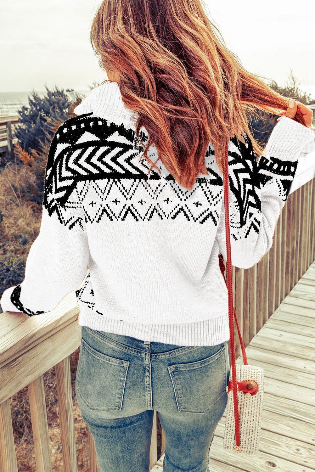 Women's White Aztec Sweater White Geometry Knit Quarter Zip Sweater - Razels