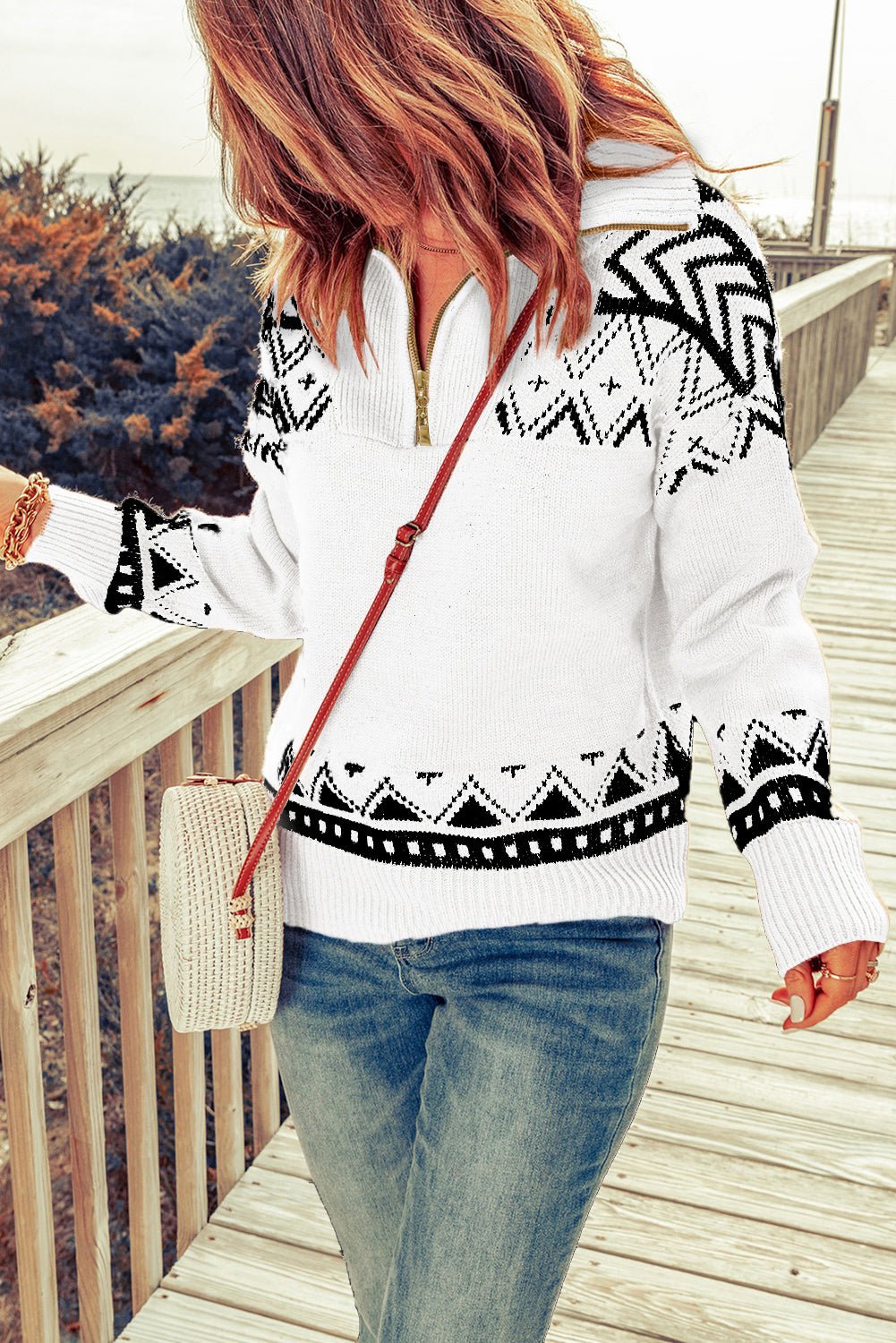 Women's White Aztec Sweater White Geometry Knit Quarter Zip Sweater - Razels