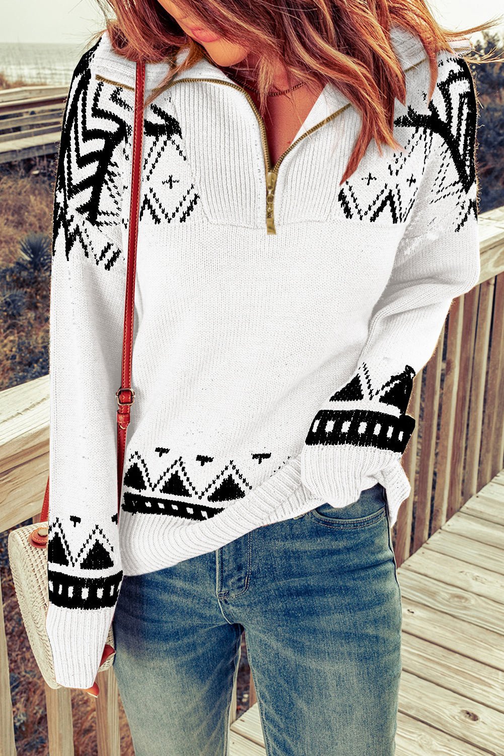 Women's White Aztec Sweater White Geometry Knit Quarter Zip Sweater - Razels