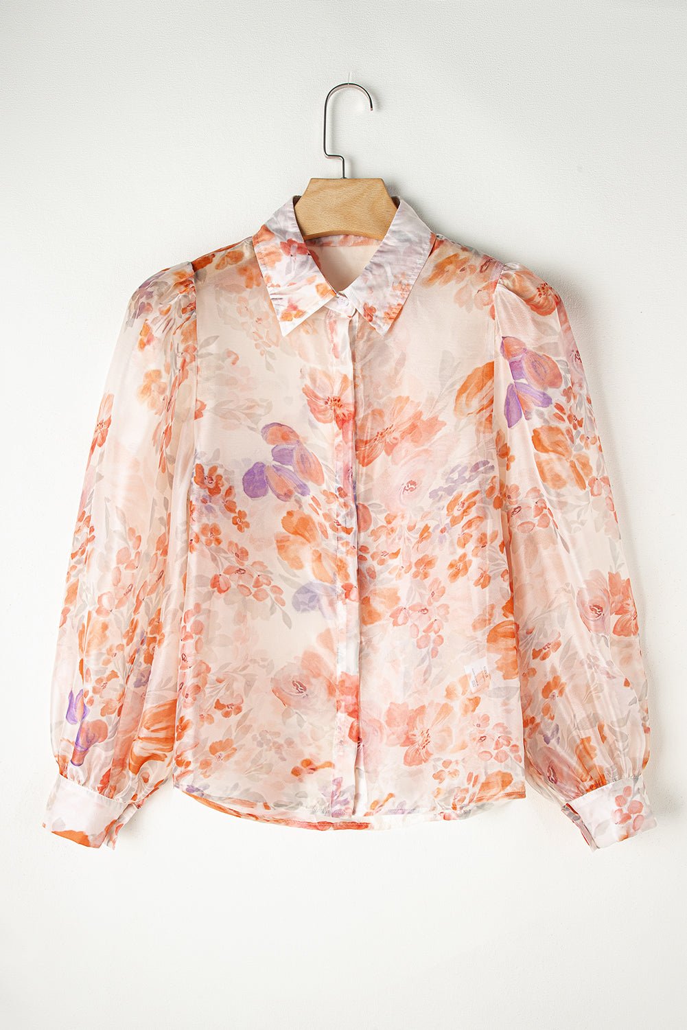 Women's White Floral Print Collared Balloon Sleeve Loose Shirt - Razels