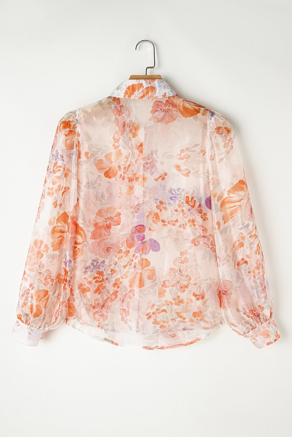 Women's White Floral Print Collared Balloon Sleeve Loose Shirt - Razels