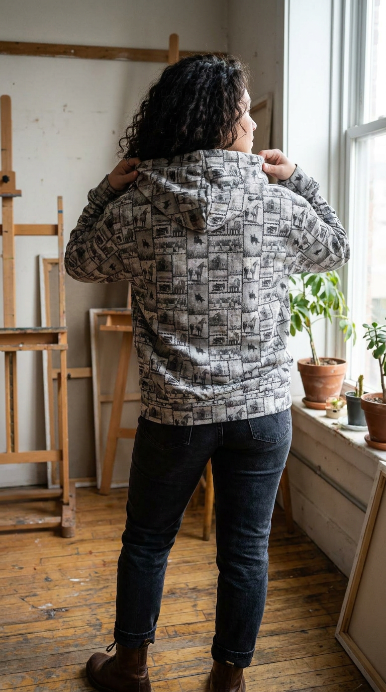 women wearing womens cowboy zip up showing hoodie standing in room with plants and picture frames
