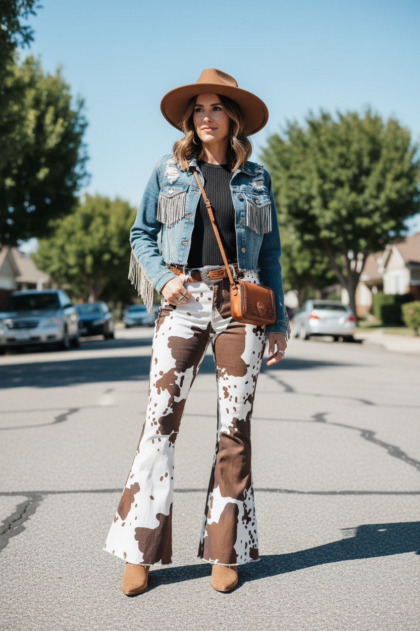 Woman wearing a denim jacket, black top, and cow print pants with a brown hat and bag.