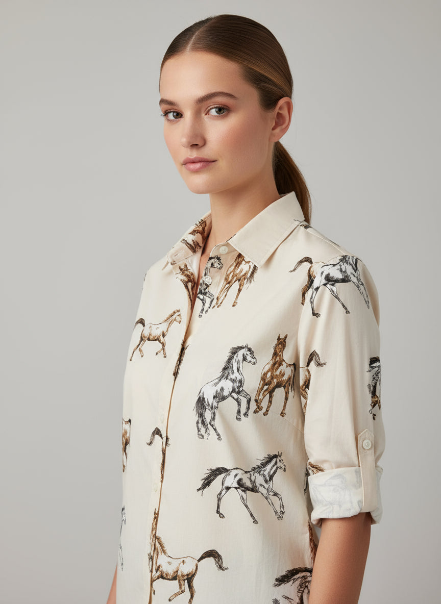 womens horse blouse shirt in beige and black