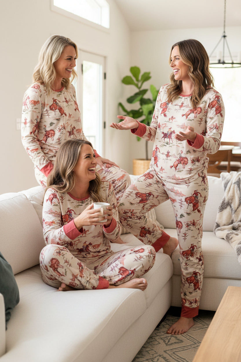 Vintage Cowboy Pajamas – Retro Western Family PJs | Classic Western Print Unisex Pajamas feature Bucking Broncs, Roping Steers, Steer Wrestling and more! These comfortable pjs are available in sizes for the whole family!!