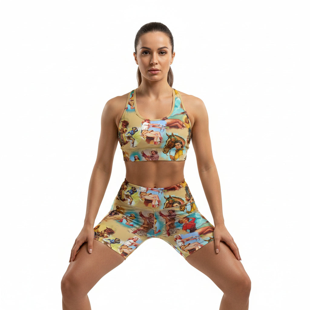 woman working out wearing womens retro cowgirl activewear sports bra and biker shorts