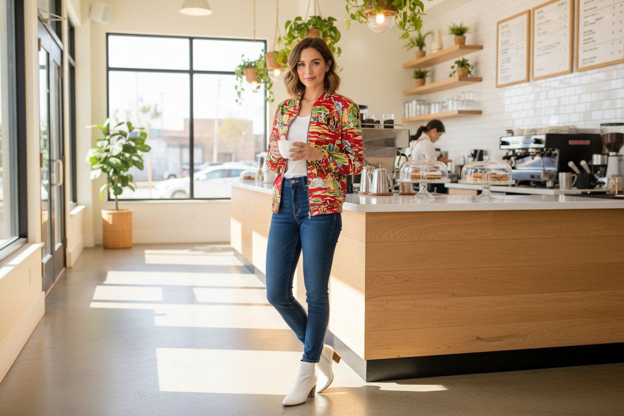 Colorful jacket with cowboy and desert landscape pattern on a white background