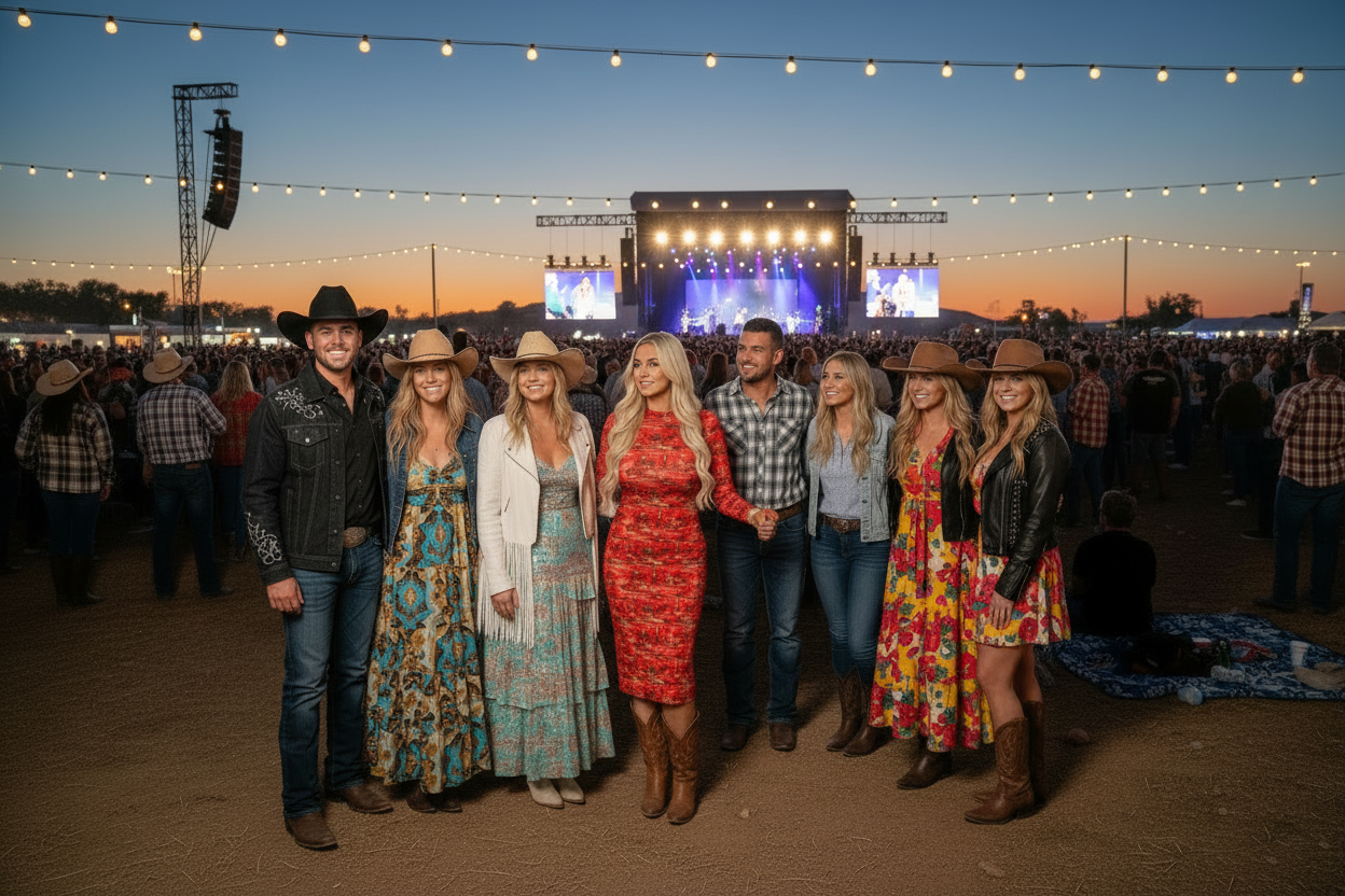 Group of people posing in front of a stage at a concert with a sunset sky.