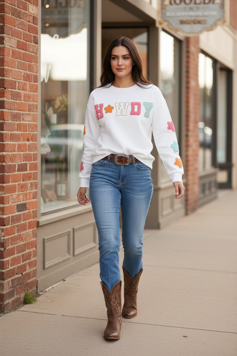 woman walking down street wearing womens western sweatshirt with howdy and star patches
