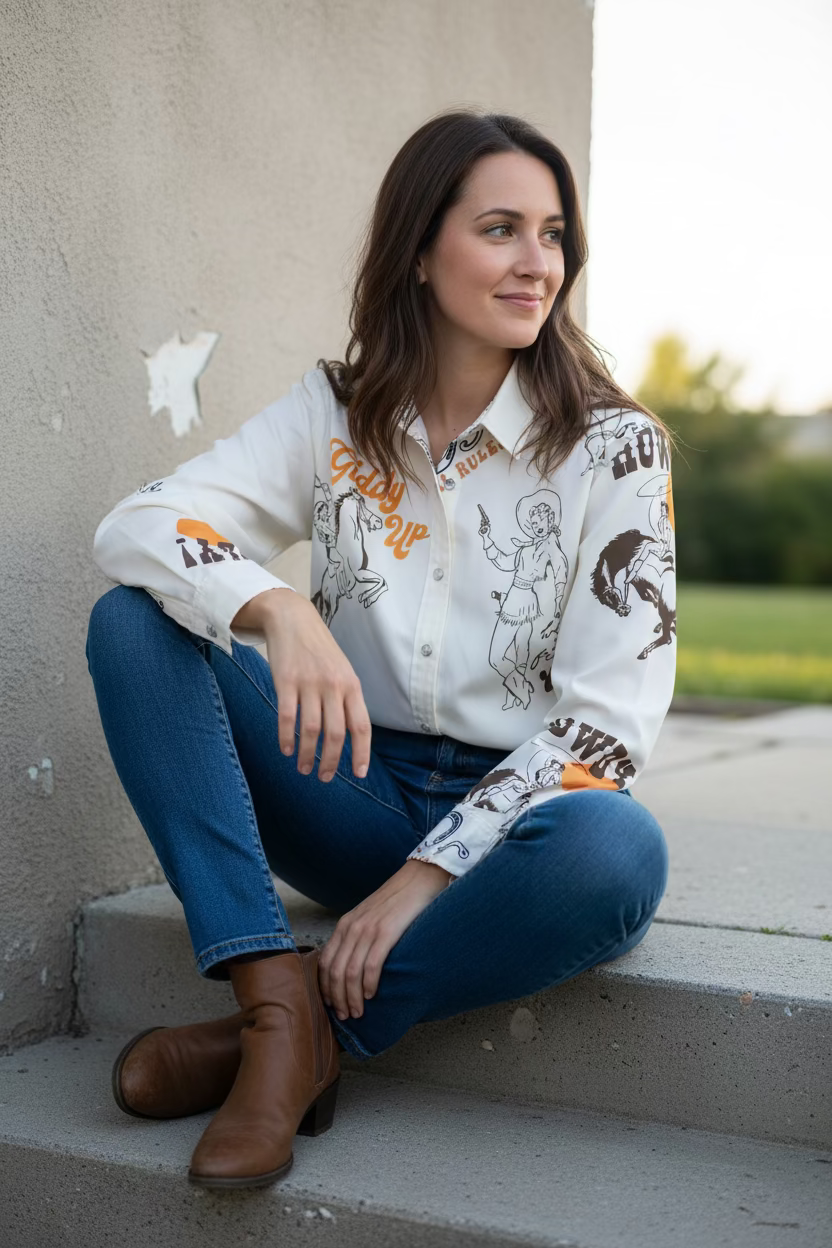 womens white vintage cowgirl button up shirt. White shirt with cowboy-themed graphics 