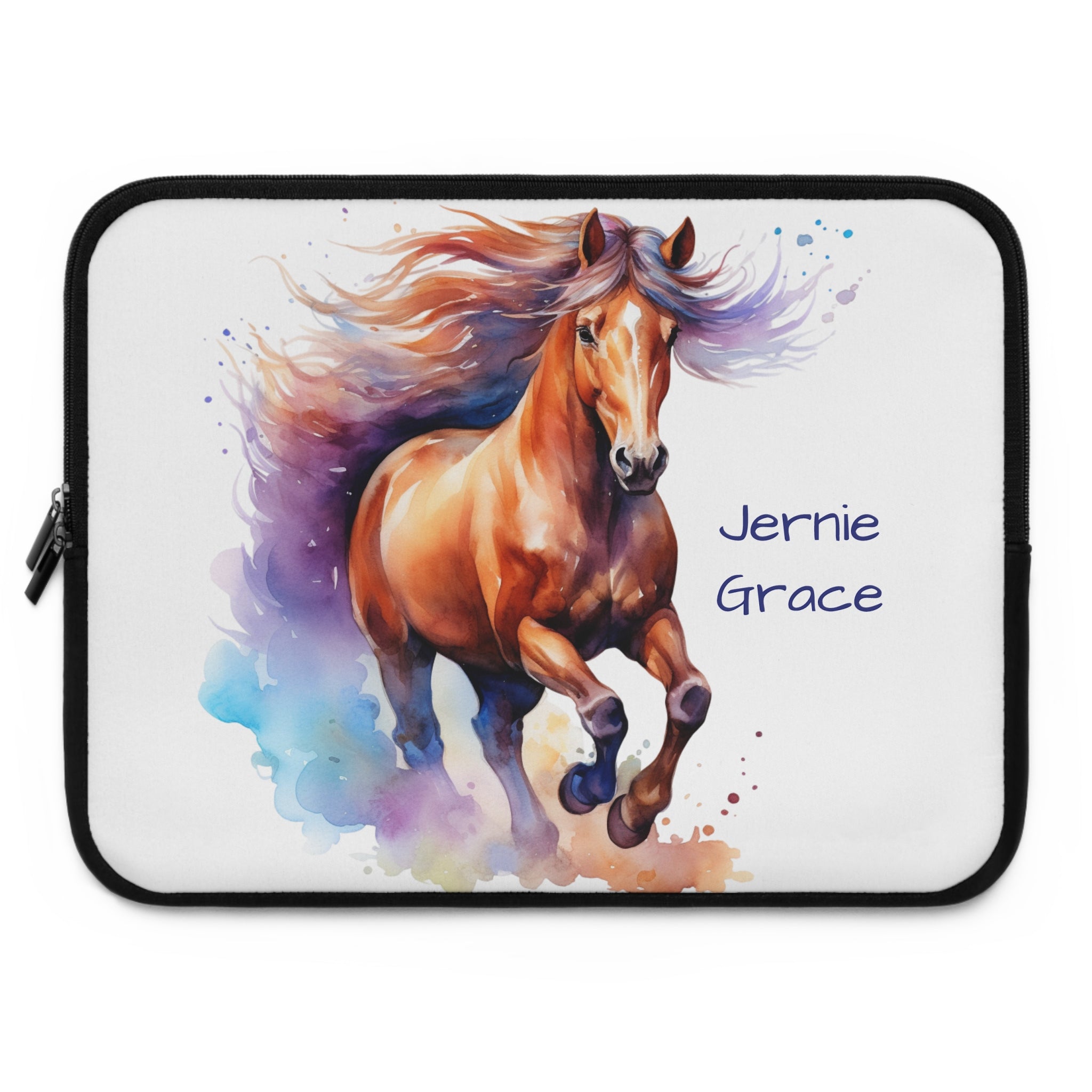 Laptop sleeve with a colorful horse design and 'Jernie Grace' text on a white background