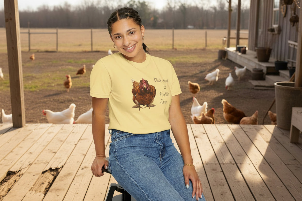 Person wearing a yellow t-shirt with a chicken graphic and text, sitting on a stool against a white background.