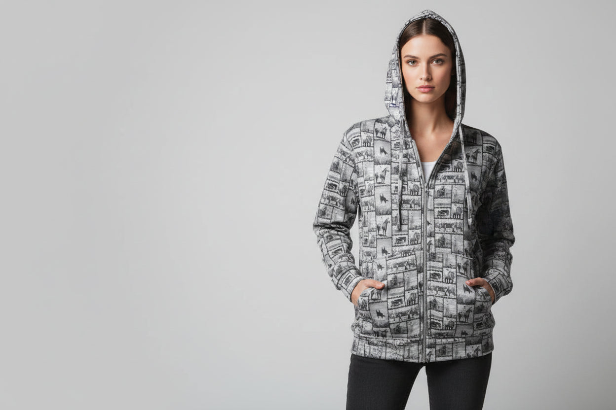 zip up cowboy sweatshirt, western motif hoodie