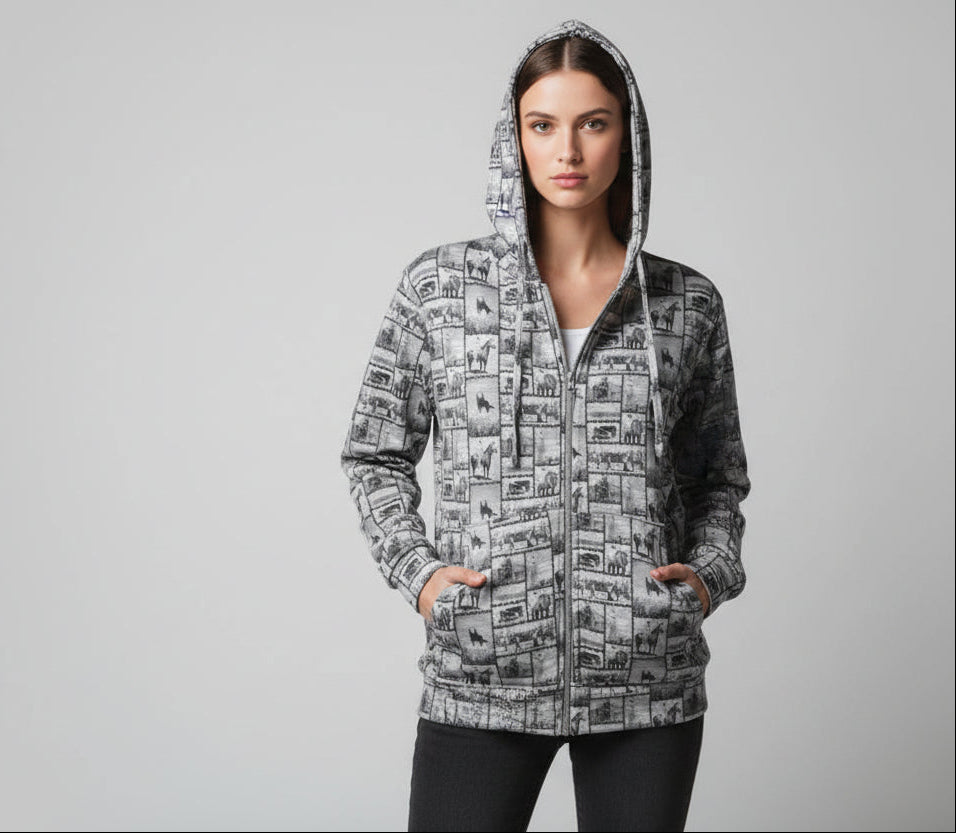 Western Print Burnout Zip-Up Jacket | Lightweight Cowboy Layering Hoodie Women